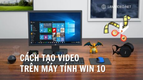 Hình ảnh một bộ máy tính hiện đại đang chạy hệ điều hành Windows 10, với biểu tượng chỉnh sửa video nổi bật, minh họa cho bài viết hướng dẫn cách tạo video trên máy tính.