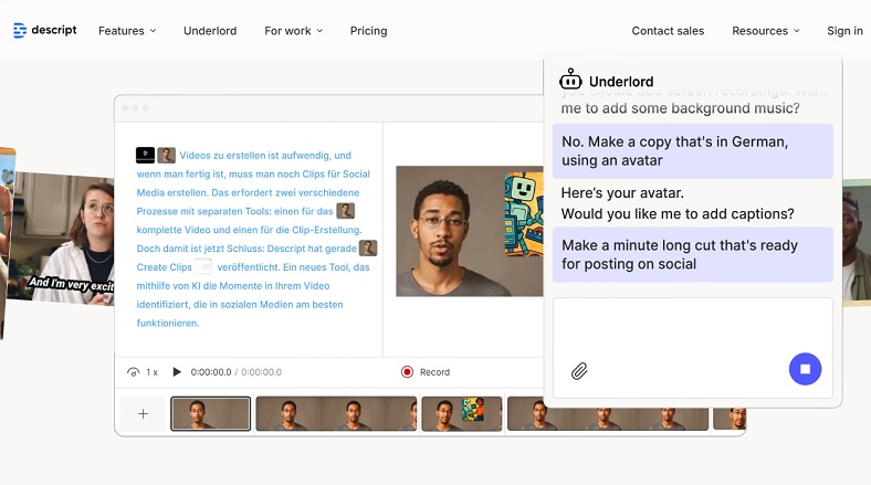 Giao diện phần mềm Descript dùng AI để biên tập video YouTube thông qua văn bản.