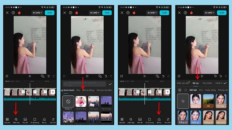 Hướng dẫn 4 bước sử dụng hiệu ứng và bộ lọc màu trên Capcut Pro: chọn mục Hiệu ứng từ thanh công cụ, truy cập thư viện Hiệu ứng video, sau đó quay lại chọn mục Bộ lọc và áp dụng một bộ lọc màu để tăng tính điện ảnh cho video.