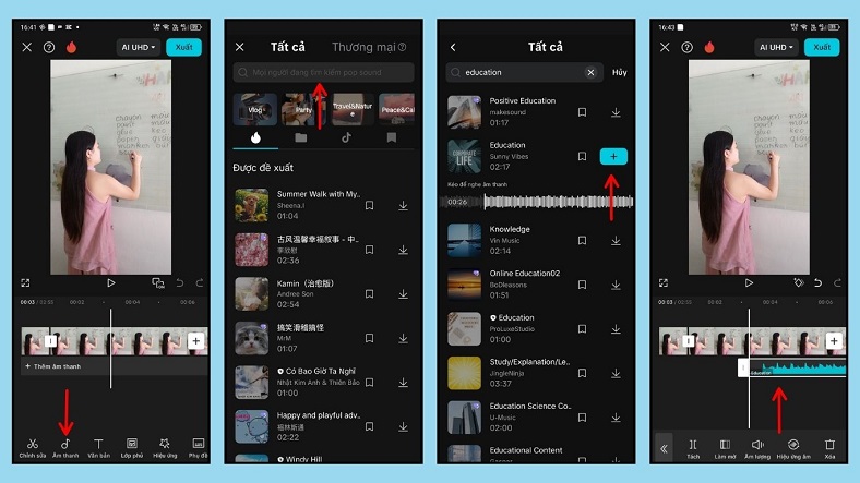Ảnh hướng dẫn 4 bước chèn nhạc và âm thanh vào video Capcut Pro: chạm vào biểu tượng Âm thanh, tìm bài hát trend trên thanh tìm kiếm, chọn nhạc từ kho, và sử dụng mục Hiệu ứng âm thanh để video chuyên nghiệp hơn.