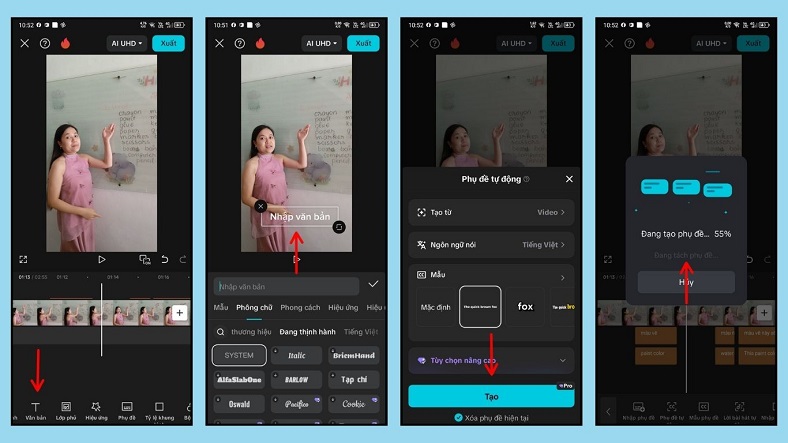 Ảnh minh họa 4 bước thêm chữ và tạo phụ đề tự động trong ứng dụng Capcut Pro, bao gồm cách chọn công cụ Văn bản, thêm chữ thủ công và cách sử dụng tính năng Chú thích tự động để tạo sub theo giọng nói.