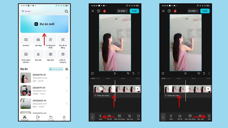 Hướng dẫn 3 bước edit video cơ bản trên Capcut Pro: bước 1 là tạo dự án mới để thêm video, bước 2 là dùng công cụ Tách để cắt clip, và bước 3 là chọn và xóa các đoạn video thừa.
