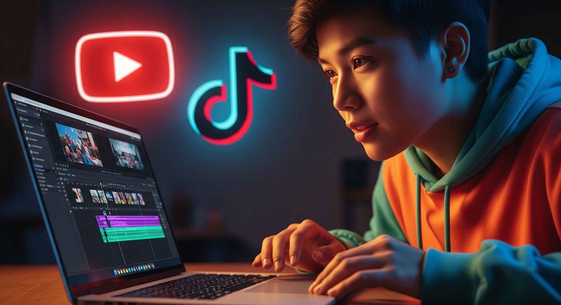 Học viên tham gia khóa học edit video YouTube và mạng xã hội đang thực hành dựng video chuyên nghiệp trên laptop.