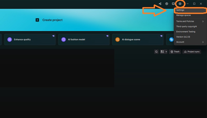 Ảnh chụp màn hình hướng dẫn chuyển đổi ngôn ngữ CapCut PC Pro từ tiếng Anh sang tiếng Việt trong mục Cài đặt (Settings).