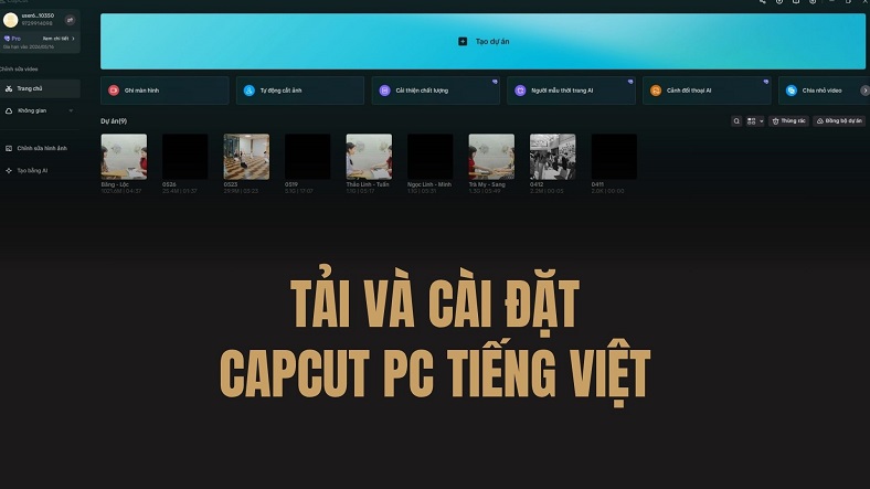 Ảnh chụp màn hình giao diện CapCut Pro trên PC hiển thị các công cụ chỉnh sửa video bằng tiếng Việt, hướng dẫn tải và cài đặt CapCut PC 2025.
