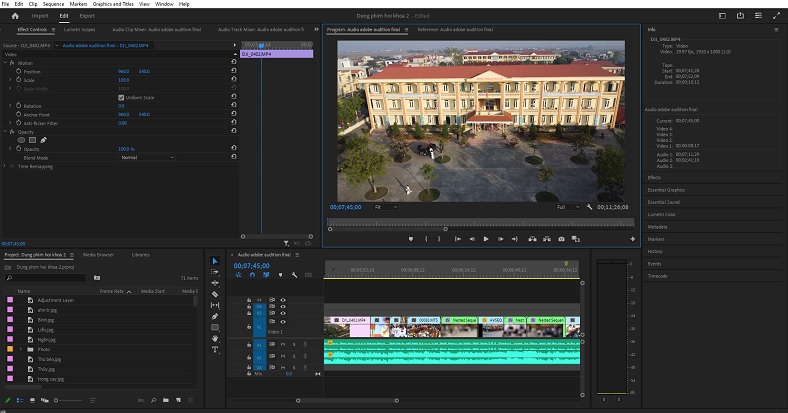 Giao diện Adobe Premiere Pro được sắp xếp khoa học để dựng video hội khóa, thể hiện không gian làm việc chuyên nghiệp được hướng dẫn trong khóa học.