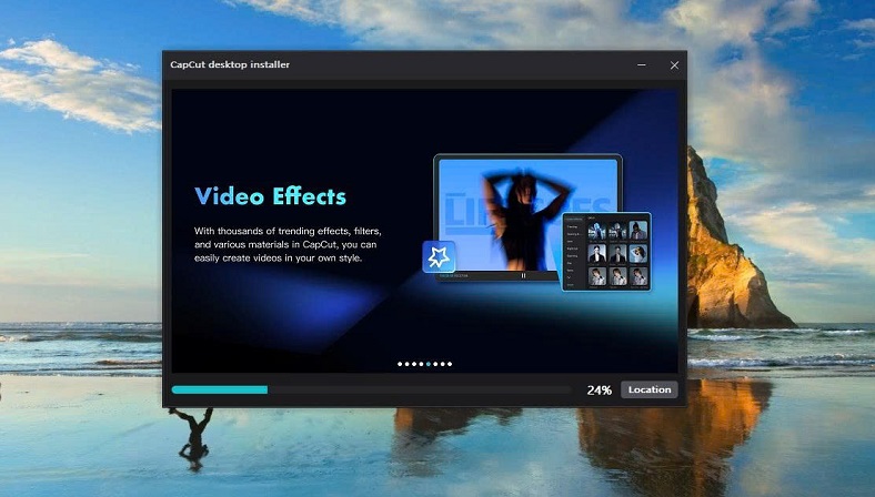 Ảnh chụp màn hình quá trình cài đặt tự động phần mềm CapCut trên máy tính Windows với thanh tiến trình đang chạy.
