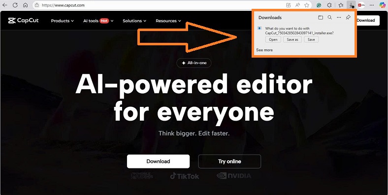 Hộp thoại Lưu file cài đặt Capcut PC cho Windows, gợi ý vị trí lưu file.