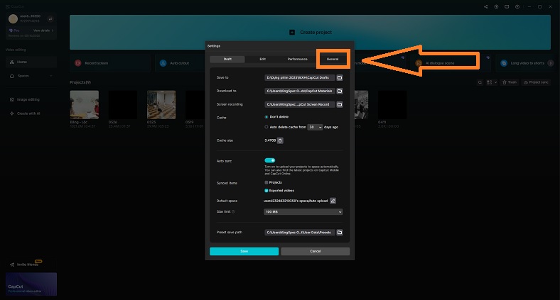 Giao diện cài đặt CapCut Pro, tab General được chọn để thay đổi ngôn ngữ từ tiếng Anh sang tiếng Việt.