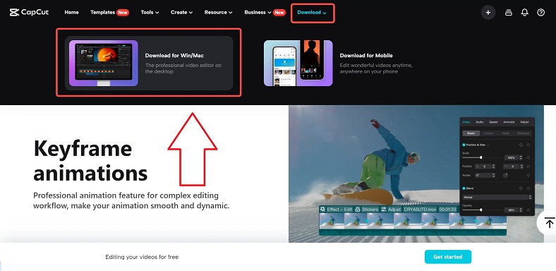 Ảnh chụp màn hình hiển thị tùy chọn tải CapCut cho macOS trên trang web chính thức.