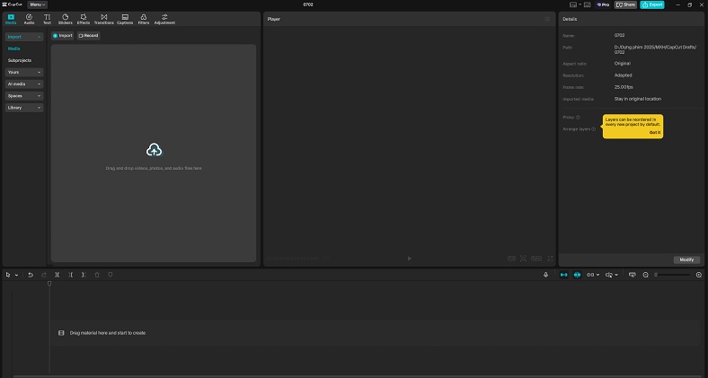 Bố cục 4 khu vực làm việc chính trên giao diện phần mềm CapCut PC.