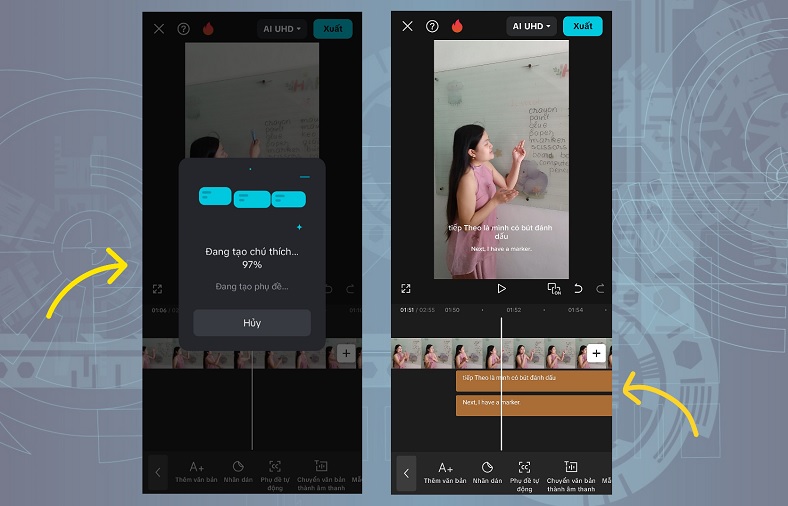 Tính năng phụ đề tự động bằng AI trên ứng dụng CapCut giúp tiết kiệm thời gian khi edit video trên điện thoại.