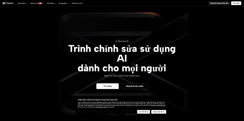 Giao diện trang web chính thức để tải CapCut PC phiên bản mới nhất 2025.