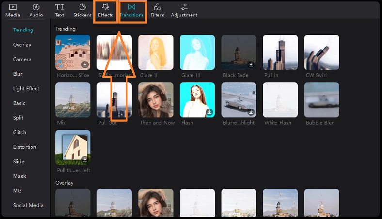 thêm hiệu ứng và chuyển cảnh trong Capcut PC