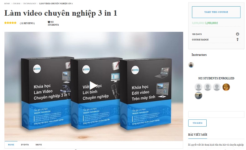 Giao diện học online của khóa học quay dựng video "Làm video chuyên nghiệp 3 in 1" trên LamVideo.net, hiển thị các mô-đun bài học.
