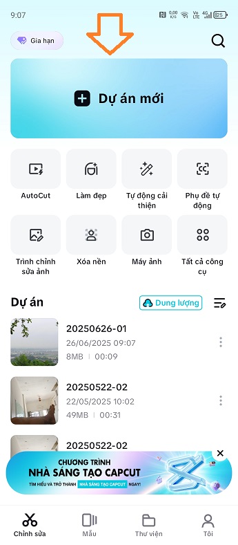 Ảnh chụp màn hình ứng dụng Capcut, làm nổi bật nút 'Dự án mới' để bắt đầu chỉnh sửa video từ ảnh.