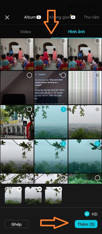 Giao diện chọn ảnh từ thư viện điện thoại trong Capcut, với các ảnh được chọn, chức năng HD được bật và nút Thêm.
