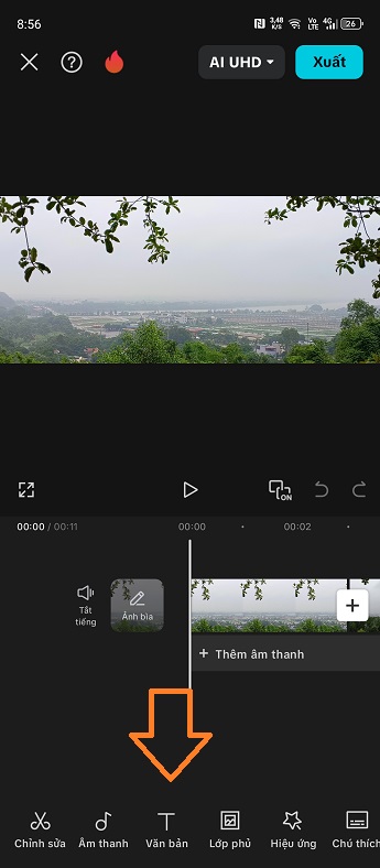 Thanh công cụ chỉnh sửa chính của Capcut với các chức năng Chỉnh sửa, Âm thanh, Văn bản, Lớp phủ, và Hiệu ứng.