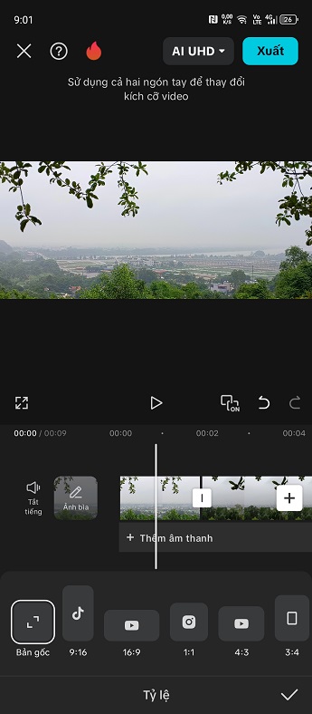 Giao diện chọn tỷ lệ khung hình video trong Capcut, hiển thị các biểu tượng tương ứng với các nền tảng mạng xã hội như TikTok, YouTube, Instagram.