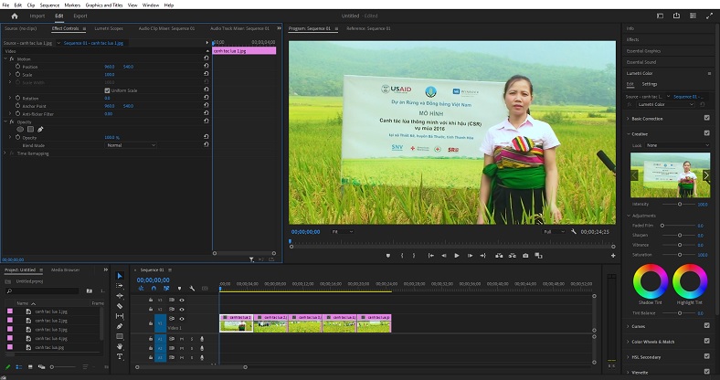 Giao diện phần mềm edit video chuyên nghiệp, hiển thị timeline của một dự án đang được biên tập trong khóa học quay dựng video.
